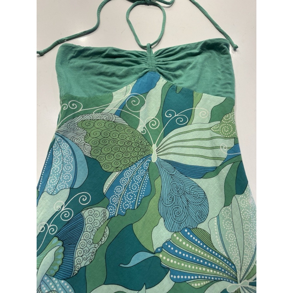 VTG Y2K Halter Dress Green Blue Butterfly Kaleidoscope Festival Bohemian Funky - Picture 4 of 10